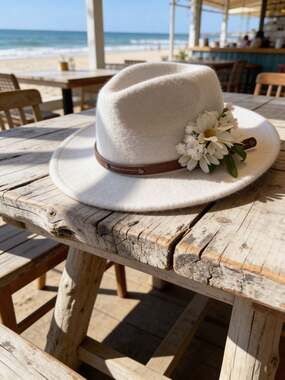 White Wide Brim Fedora Hat with Faux Leather Band and Daisy Floral Accents Festi